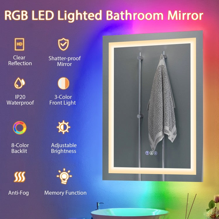 32 x 24 Inch LED Bathroom Mirror with Anti-Fog, 3 Color Front Light & 8 Color RGB Backlight