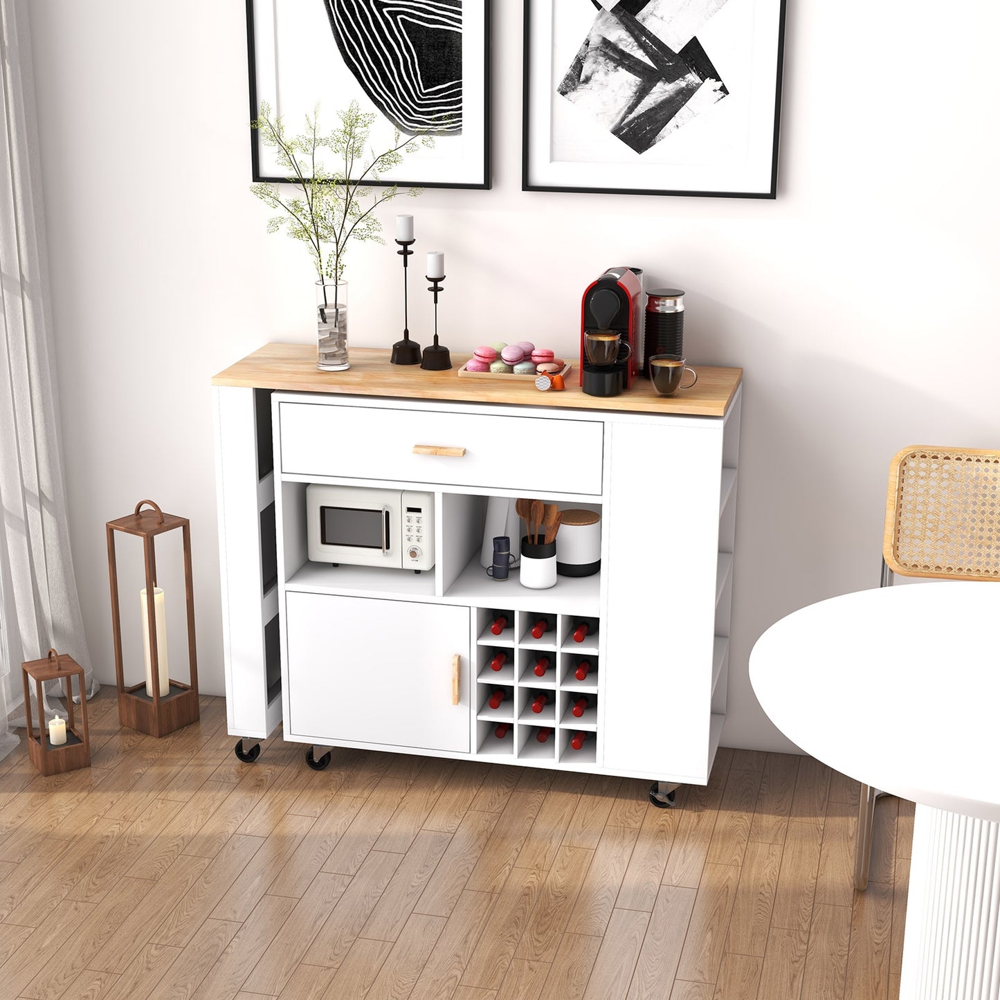 Reversible Folding Kitchen Island Cart with Wine Holder and Spice Shelves