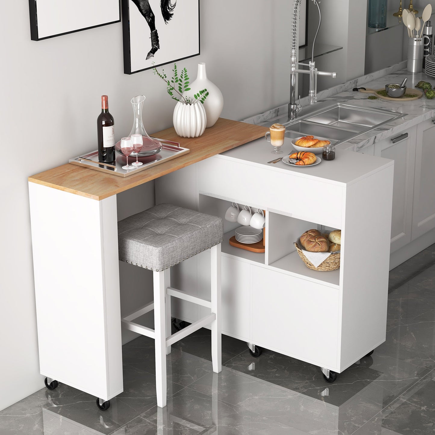 Reversible Folding Kitchen Island Cart with Wine Holder and Spice Shelves