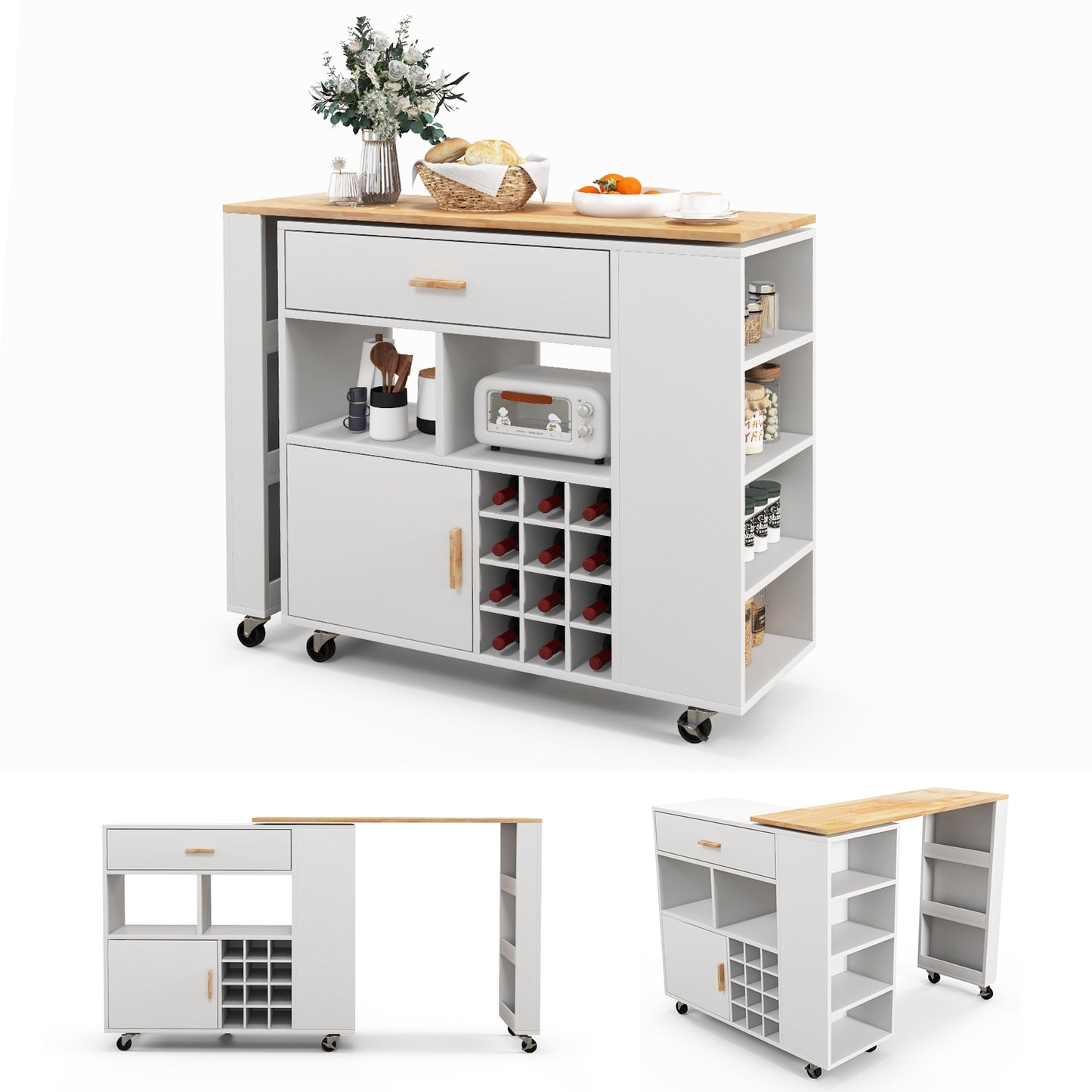 Reversible Folding Kitchen Island Cart with Wine Holder and Spice Shelves