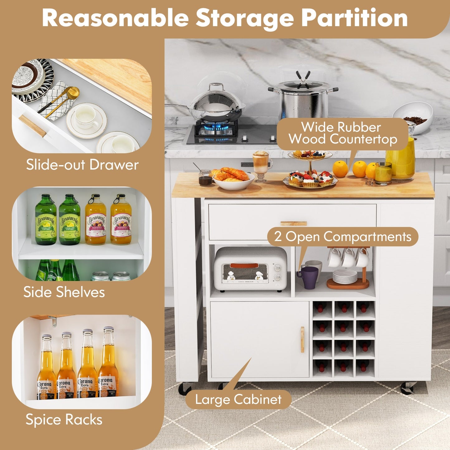 Reversible Folding Kitchen Island Cart with Wine Holder and Spice Shelves