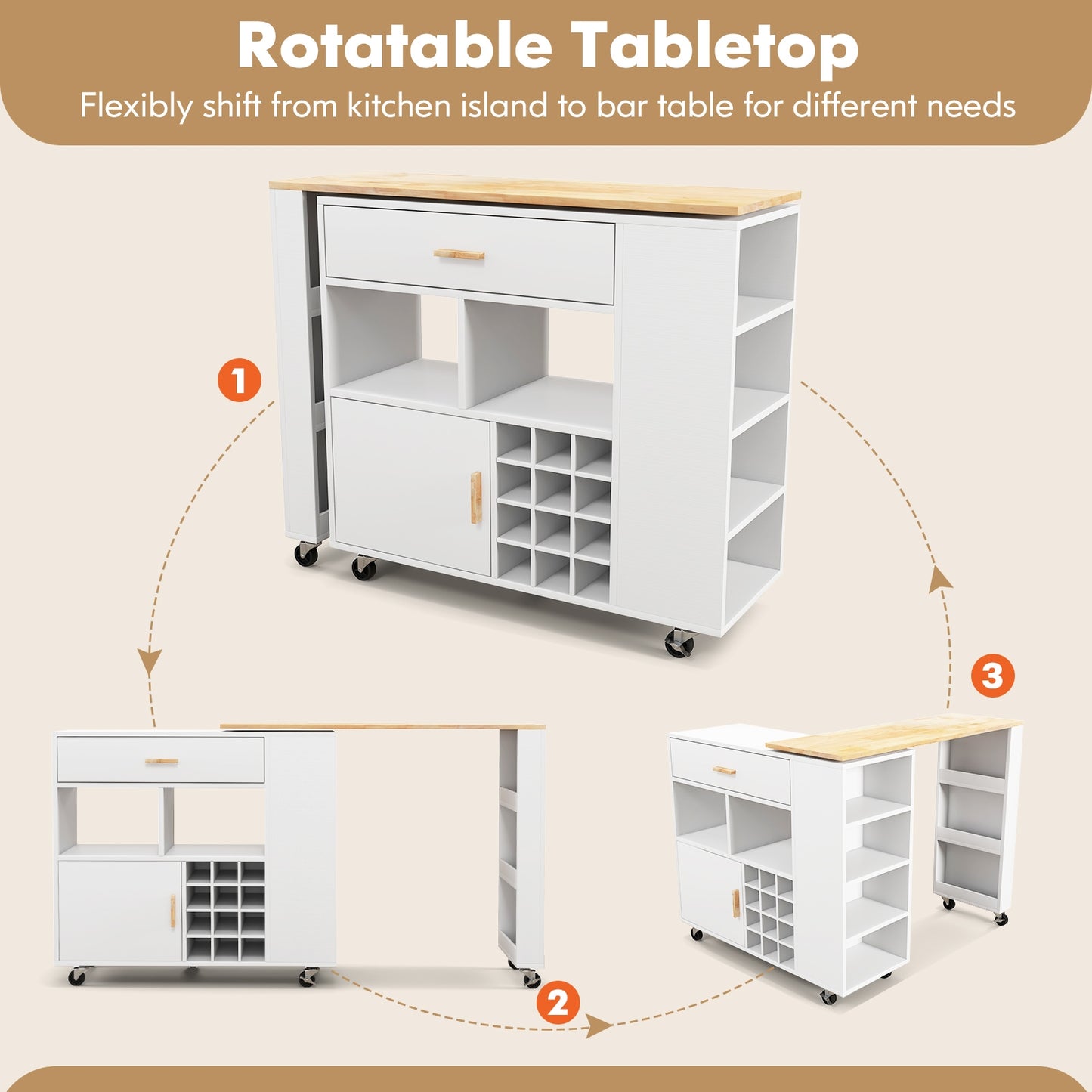 Reversible Folding Kitchen Island Cart with Wine Holder and Spice Shelves