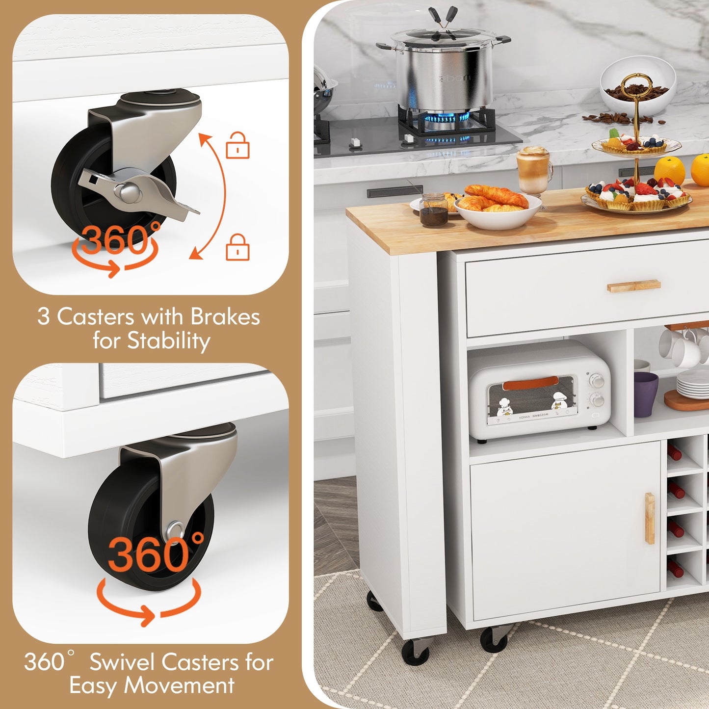 Reversible Folding Kitchen Island Cart with Wine Holder and Spice Shelves