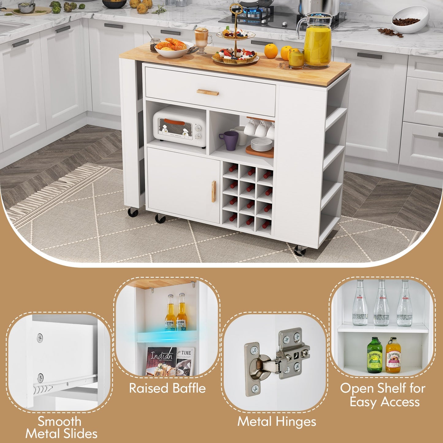 Reversible Folding Kitchen Island Cart with Wine Holder and Spice Shelves