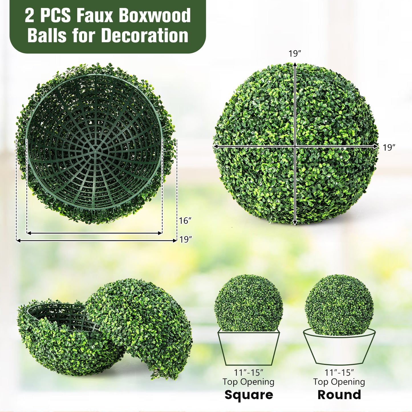 Set of 2 Realistic Artificial Boxwood Topiary Balls for Indoor & Outdoor Decoration