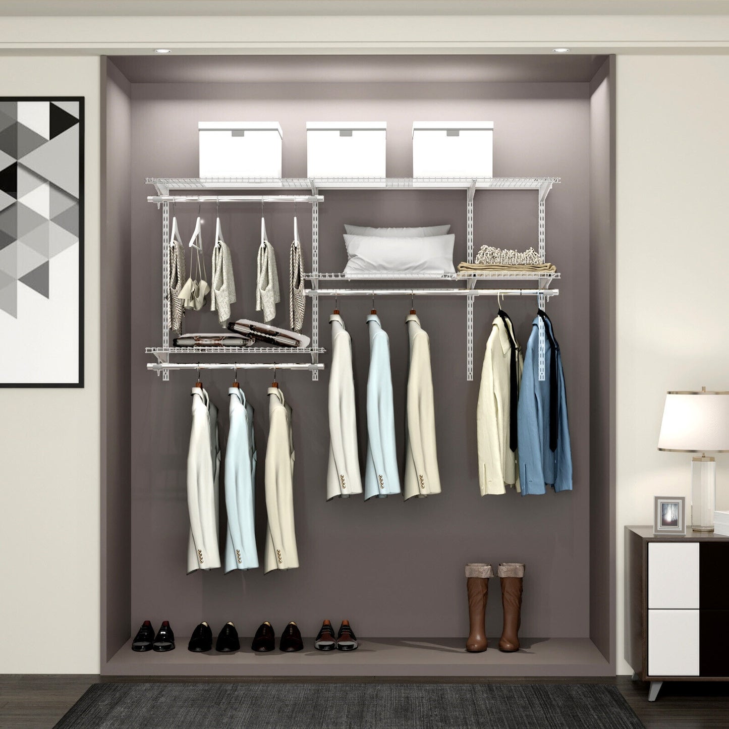 Adjustable Wall-Mounted Closet Organizer Kit with Shelves and Hanging Rods for 3 to 5 Ft Spaces – White