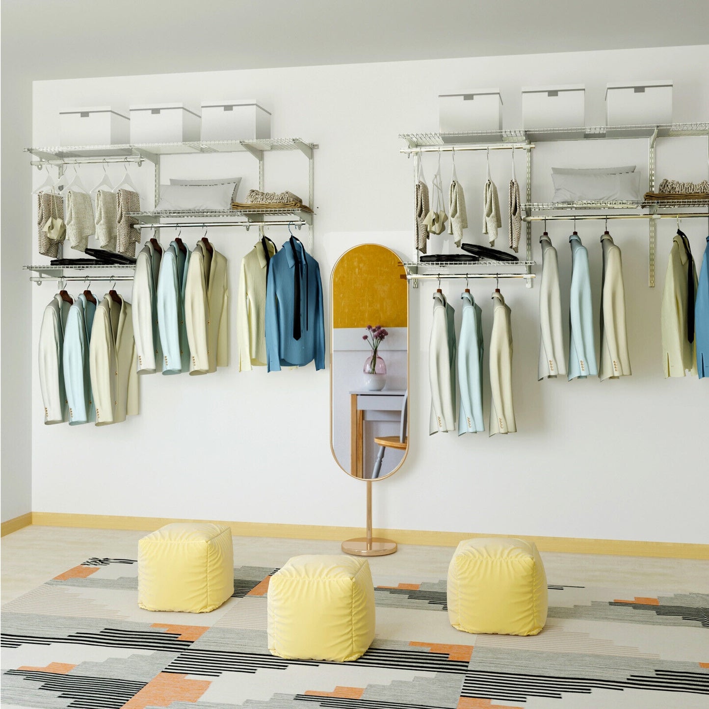 Adjustable Wall-Mounted Closet Organizer Kit with Shelves and Hanging Rods for 3 to 5 Ft Spaces – White