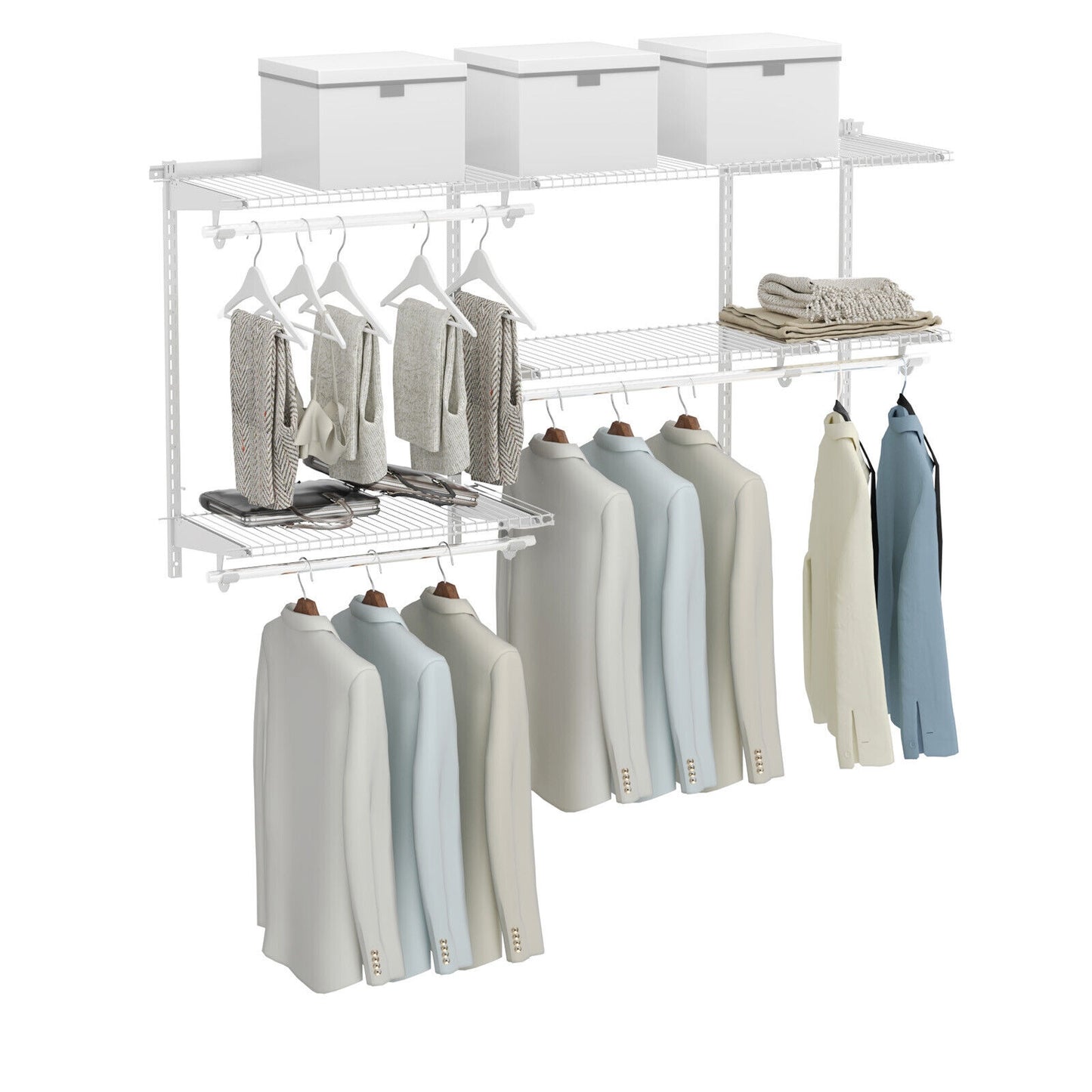 Adjustable Wall-Mounted Closet Organizer Kit with Shelves and Hanging Rods for 3 to 5 Ft Spaces – White