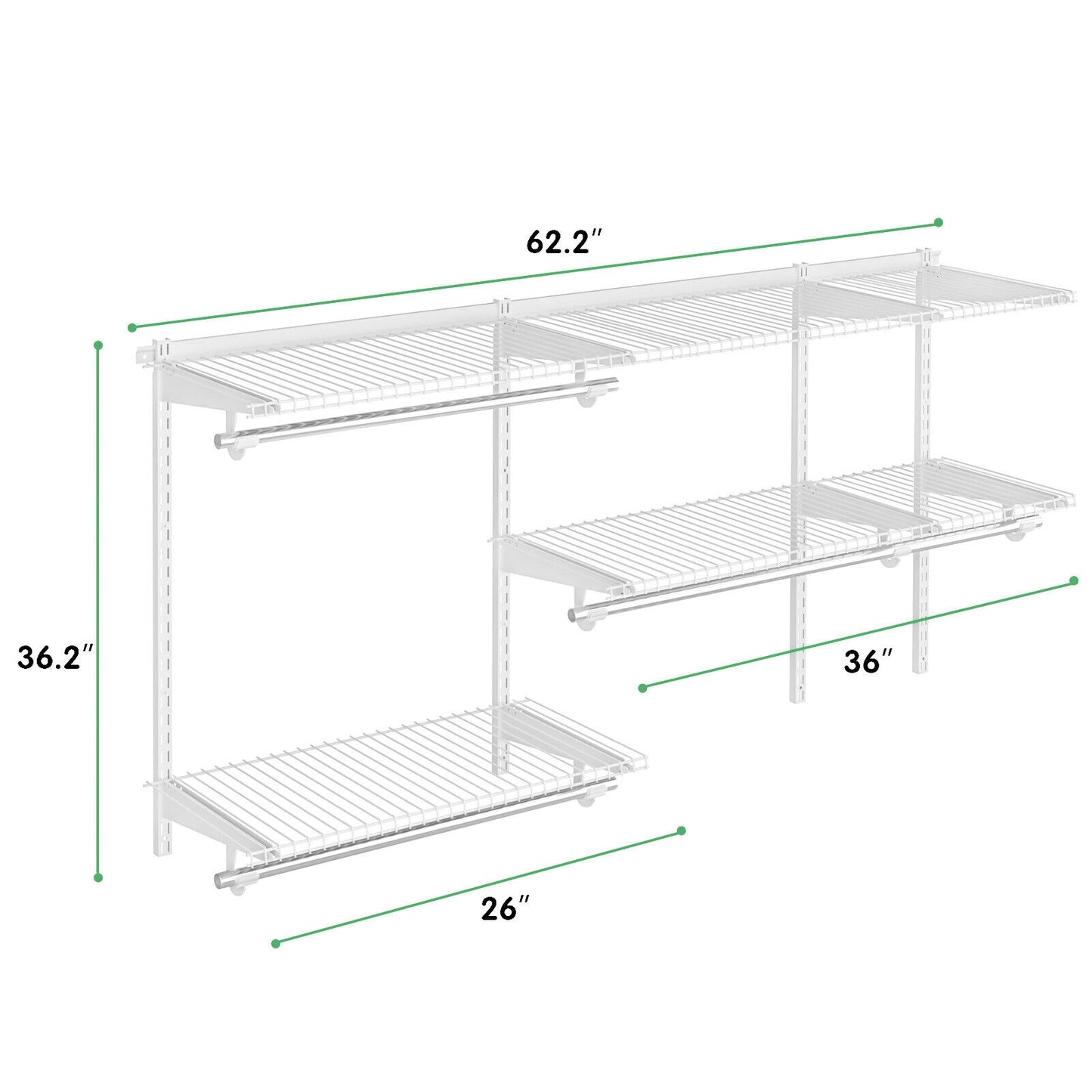 Adjustable Wall-Mounted Closet Organizer Kit with Shelves and Hanging Rods for 3 to 5 Ft Spaces – White