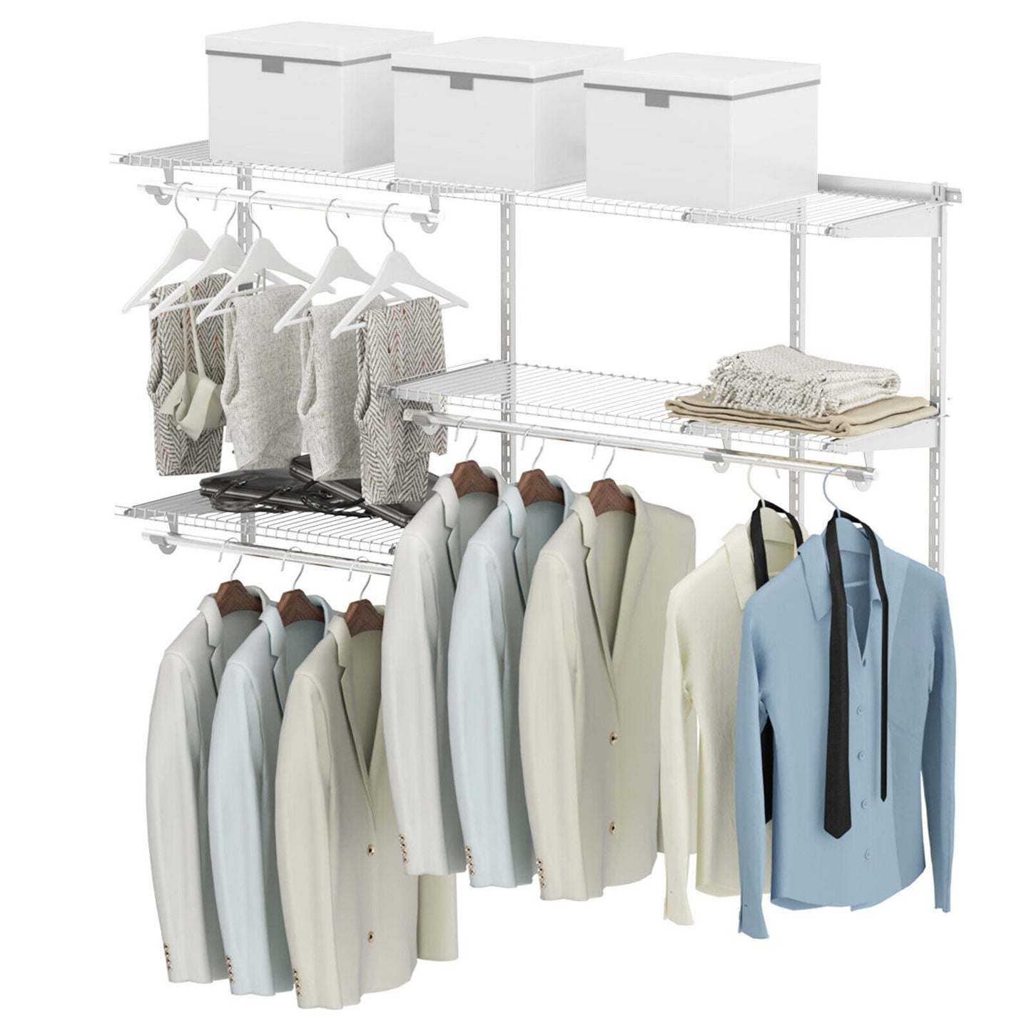 Adjustable Wall-Mounted Closet Organizer Kit with Shelves and Hanging Rods for 3 to 5 Ft Spaces – White