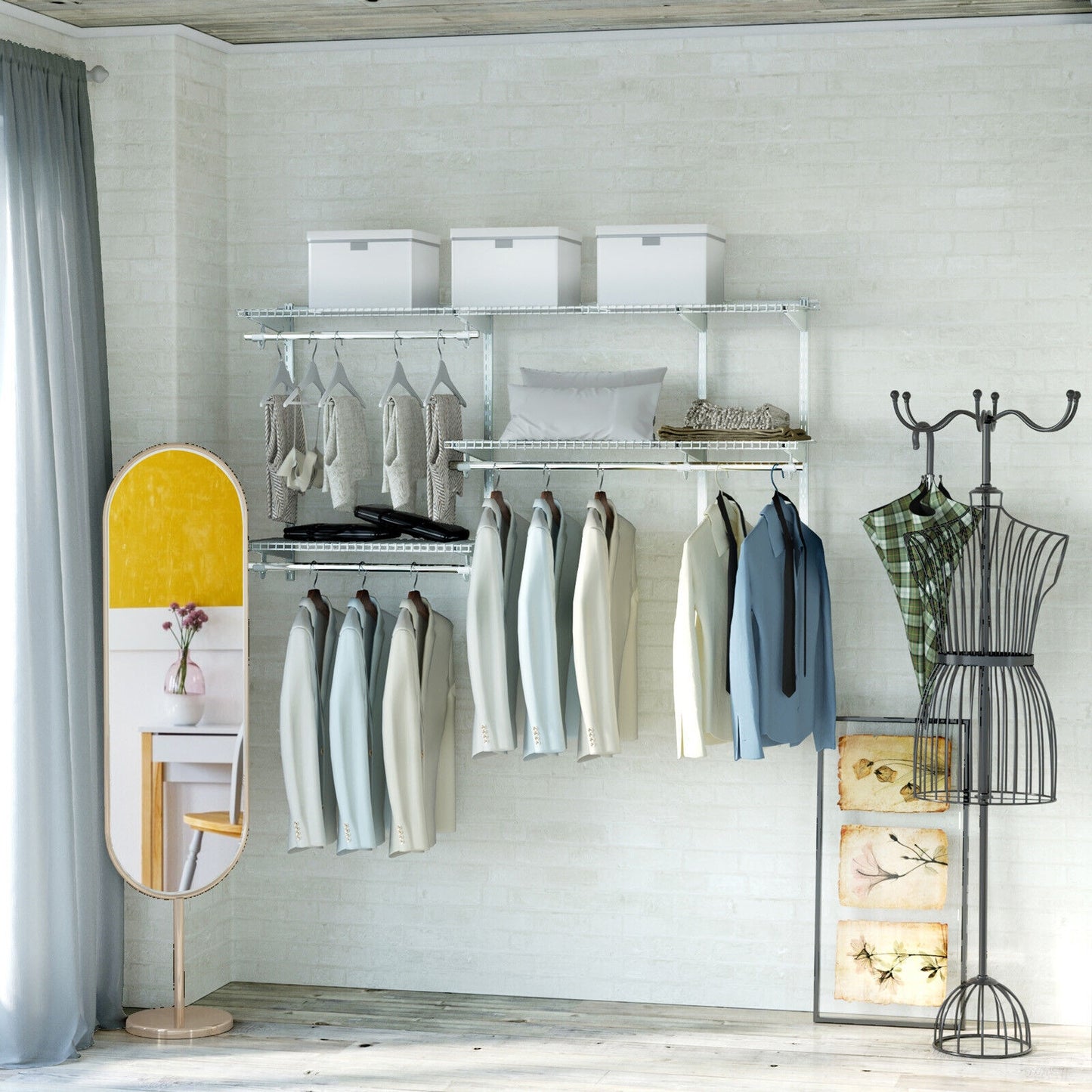 Adjustable Wall-Mounted Closet Organizer Kit with Shelves and Hanging Rods for 3 to 5 Ft Spaces – White