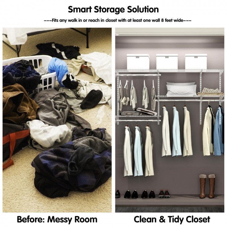 Adjustable Wall-Mounted Closet Organizer Kit with Shelves and Hanging Rods for 3 to 5 Ft Spaces – White