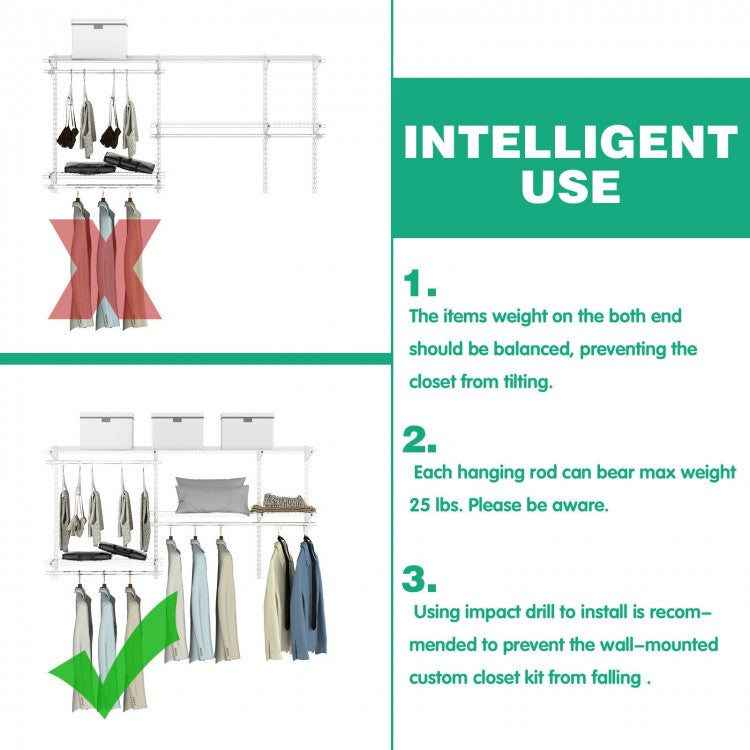 Adjustable Wall-Mounted Closet Organizer Kit with Shelves and Hanging Rods for 3 to 5 Ft Spaces – Grey