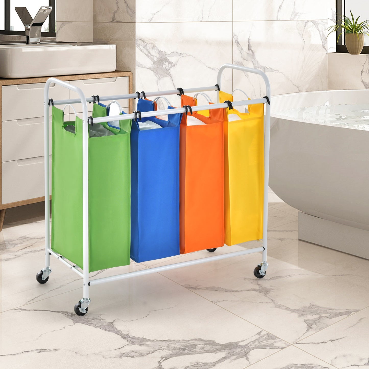 136L Laundry Sorter with 4 Color Coded Bags and Lockable Wheels