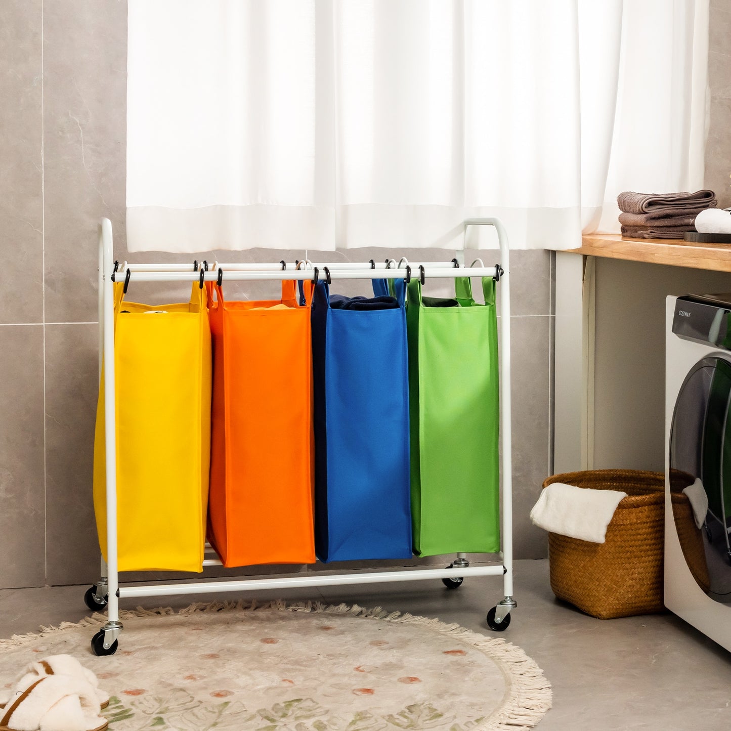136L Laundry Sorter with 4 Color Coded Bags and Lockable Wheels