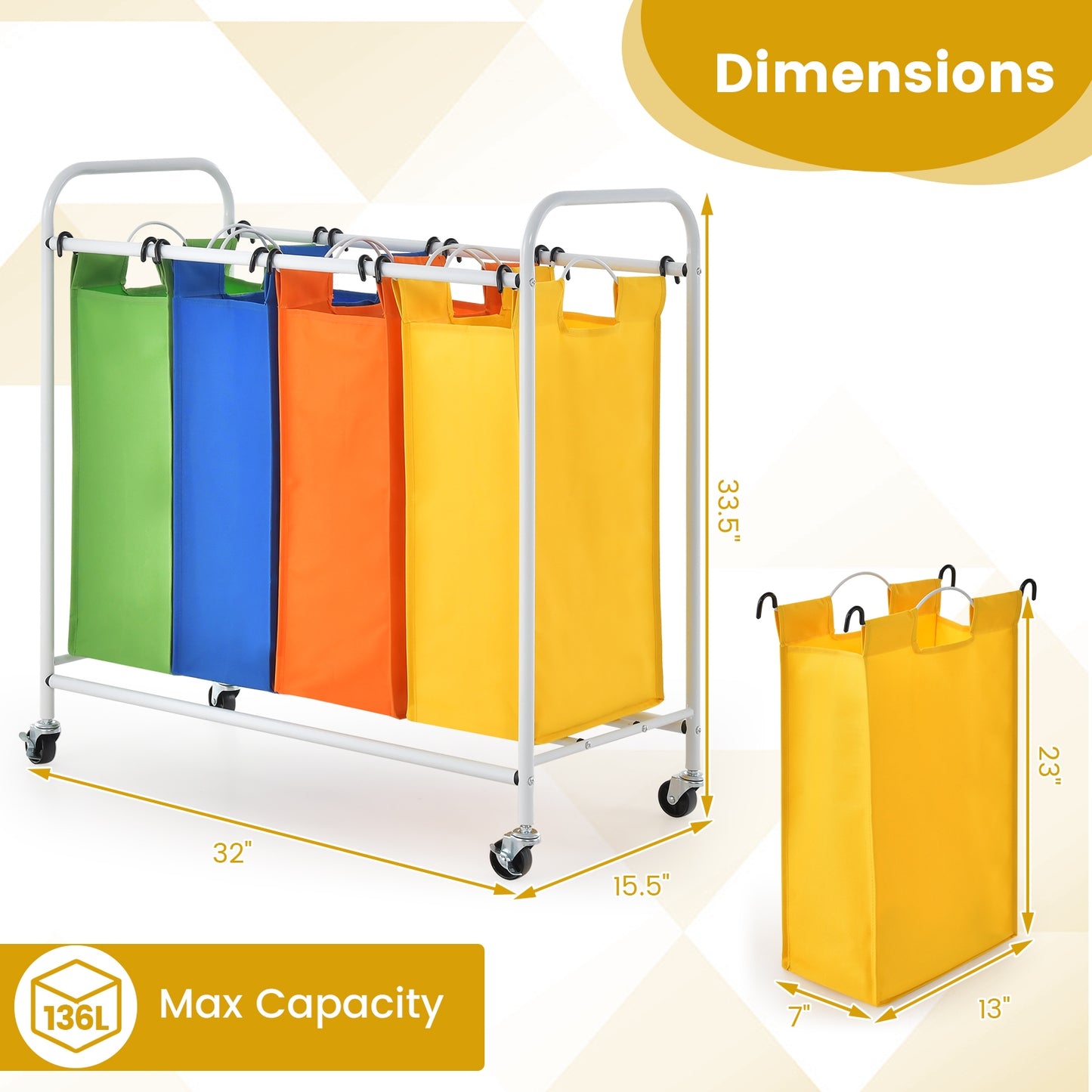 136L Laundry Sorter with 4 Color Coded Bags and Lockable Wheels