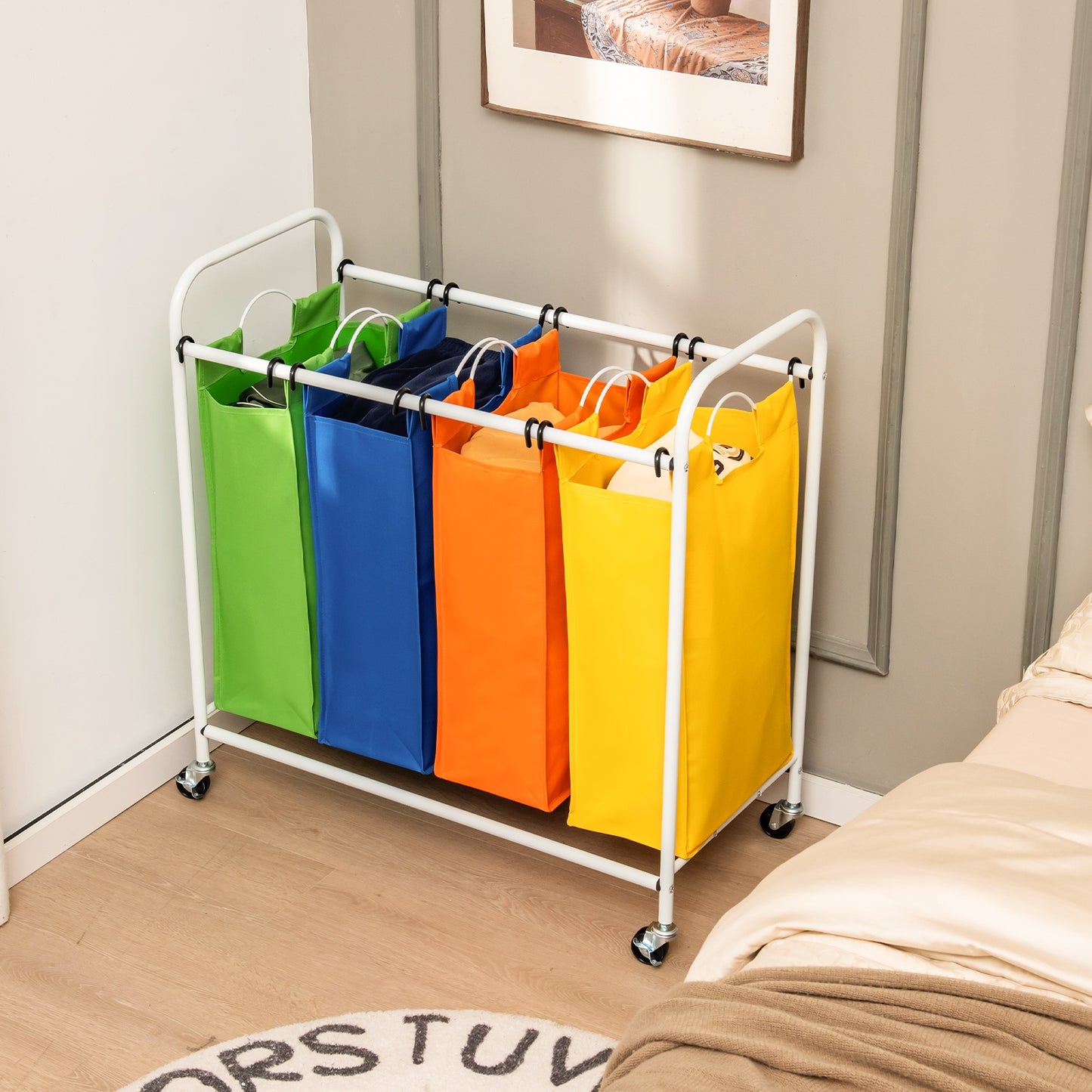 136L Laundry Sorter with 4 Color Coded Bags and Lockable Wheels