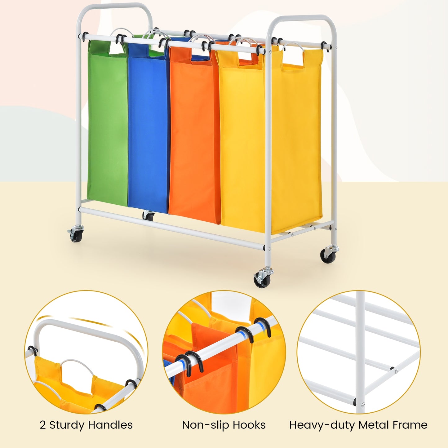 136L Laundry Sorter with 4 Color Coded Bags and Lockable Wheels