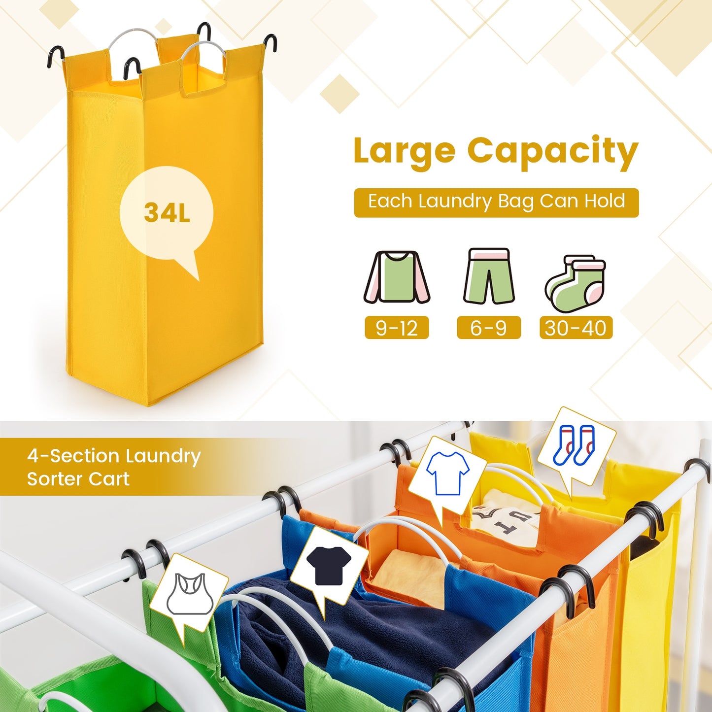 136L Laundry Sorter with 4 Color Coded Bags and Lockable Wheels