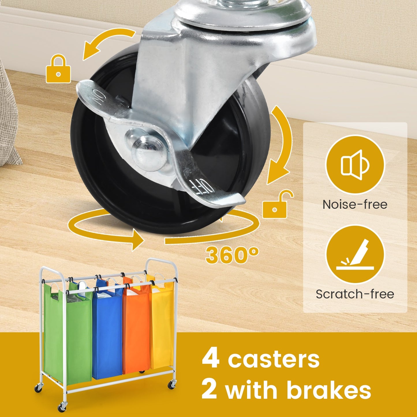 136L Laundry Sorter with 4 Color Coded Bags and Lockable Wheels