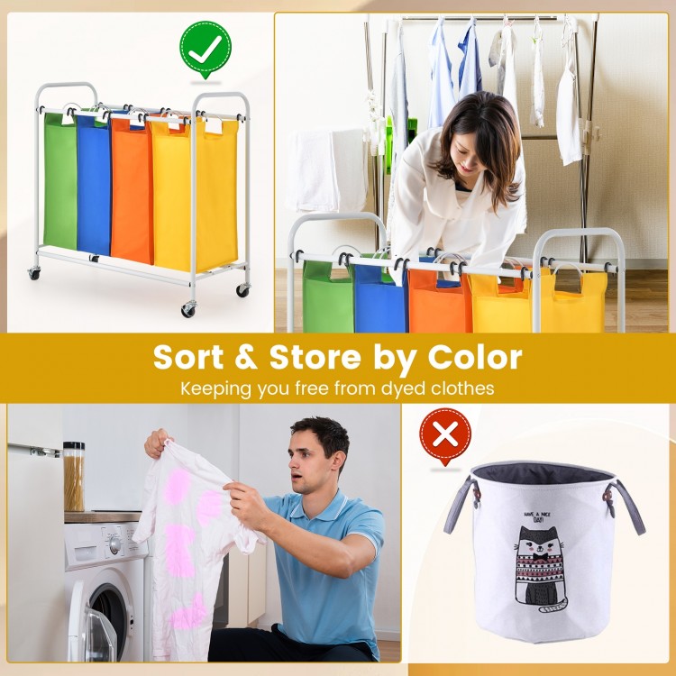 136L Laundry Sorter with 4 Color Coded Bags and Lockable Wheels