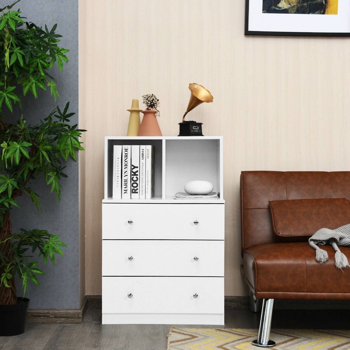 Modern 3 Drawer Storage Dresser with Open Cubbies for Bedroom or Living Room White