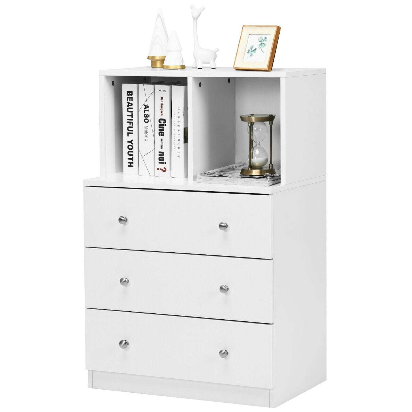 Modern 3 Drawer Storage Dresser with Open Cubbies for Bedroom or Living Room White