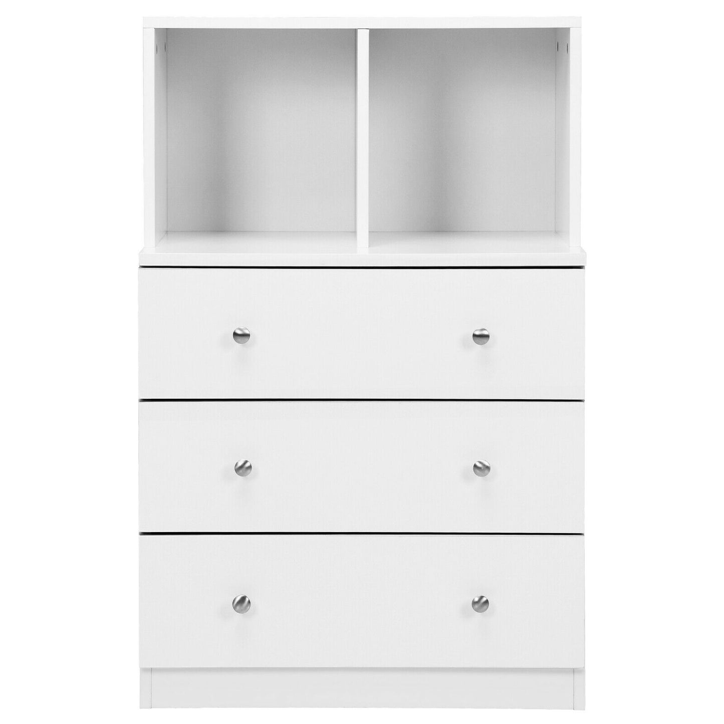 Modern 3 Drawer Storage Dresser with Open Cubbies for Bedroom or Living Room White