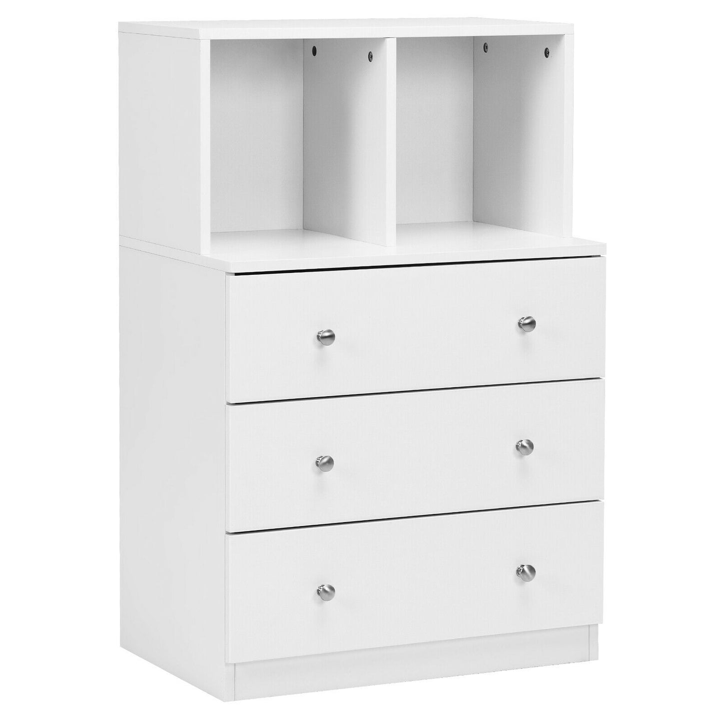 Modern 3 Drawer Storage Dresser with Open Cubbies for Bedroom or Living Room White