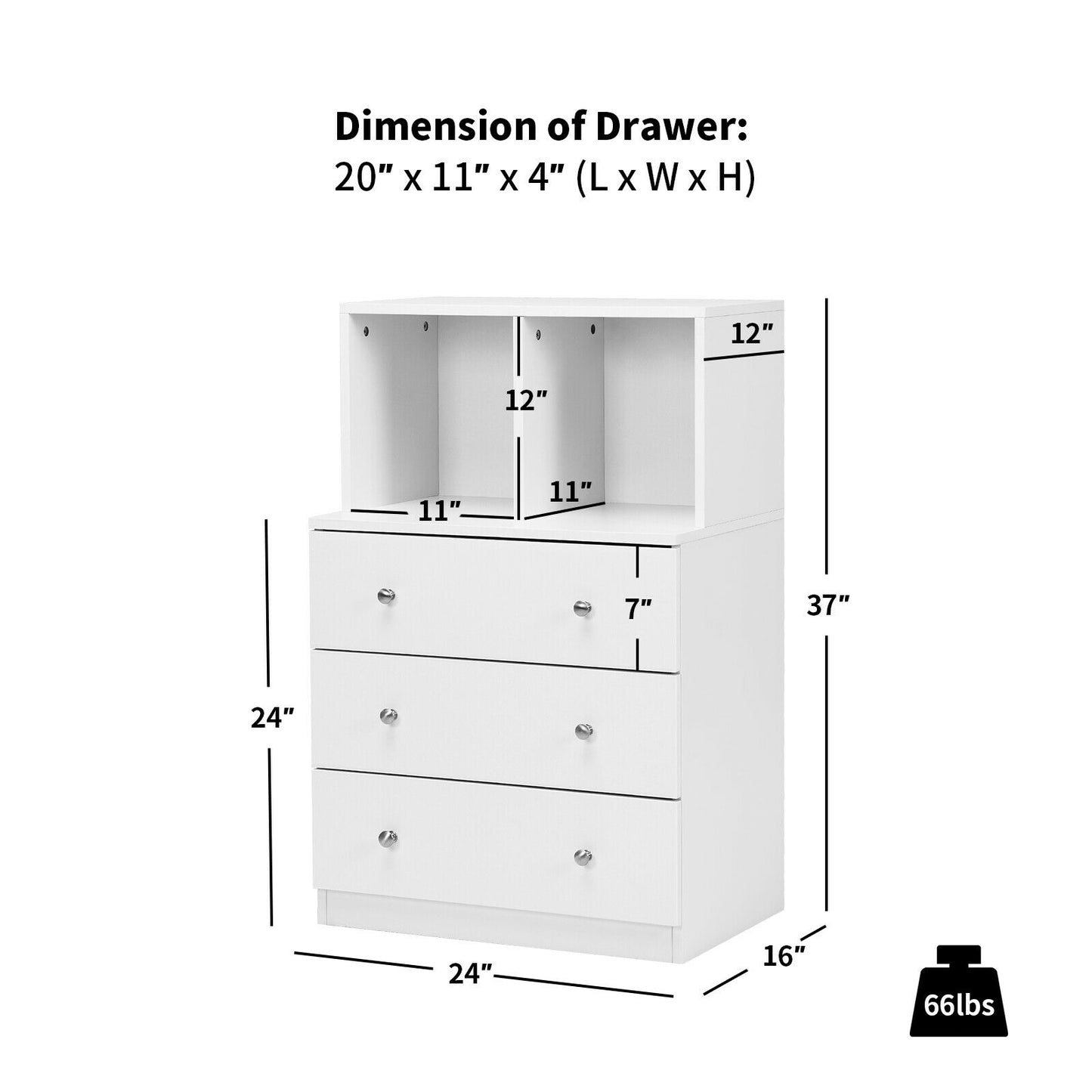 Modern 3 Drawer Storage Dresser with Open Cubbies for Bedroom or Living Room White