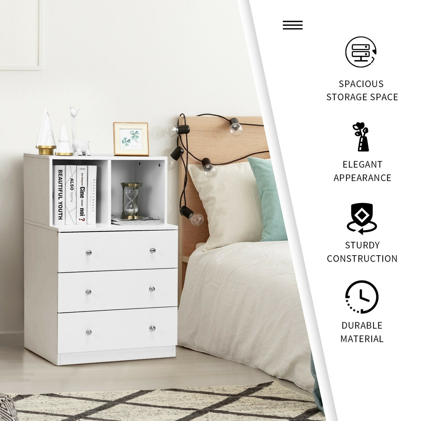 Modern 3 Drawer Storage Dresser with Open Cubbies for Bedroom or Living Room White