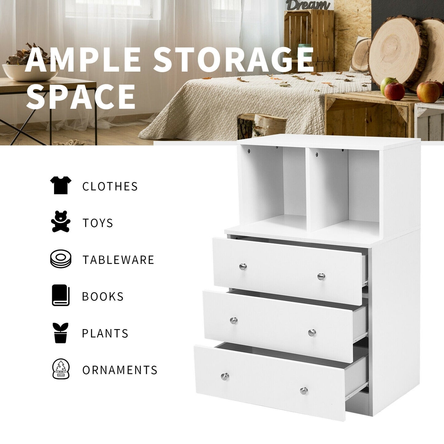 Modern 3 Drawer Storage Dresser with Open Cubbies for Bedroom or Living Room White