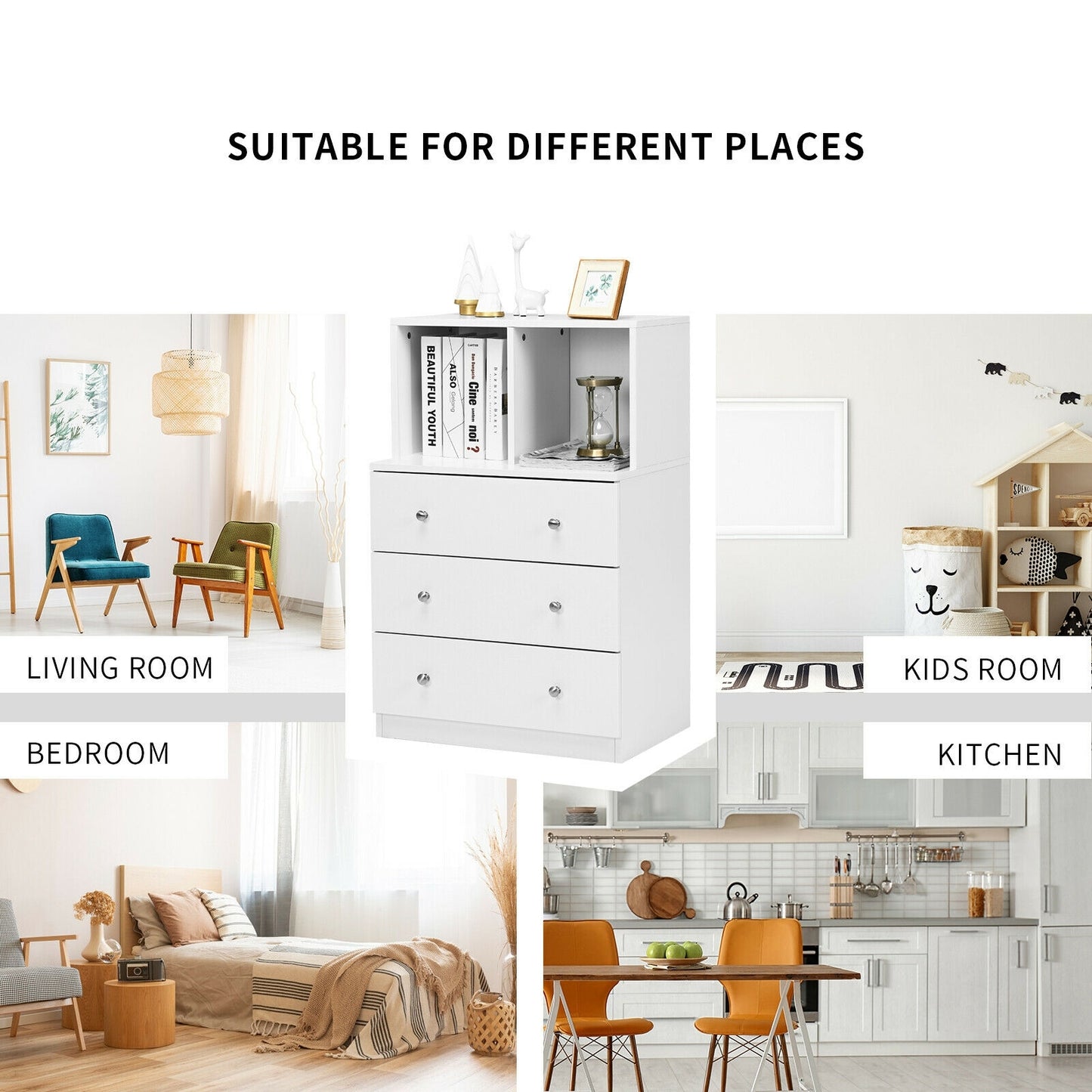 Modern 3 Drawer Storage Dresser with Open Cubbies for Bedroom or Living Room White