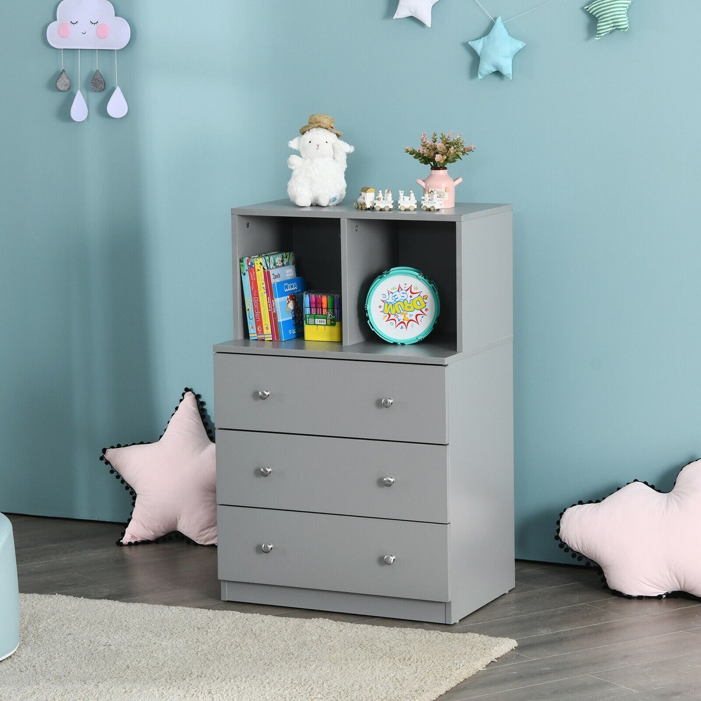 Modern 3 Drawer Storage Dresser with Open Cubbies for Bedroom or Living Room Grey