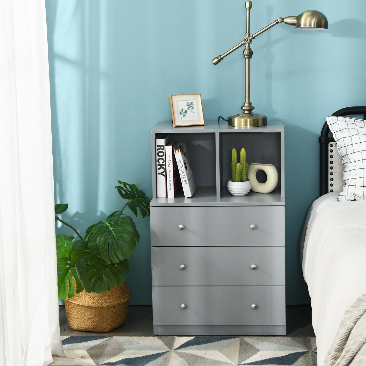 Modern 3 Drawer Storage Dresser with Open Cubbies for Bedroom or Living Room Grey