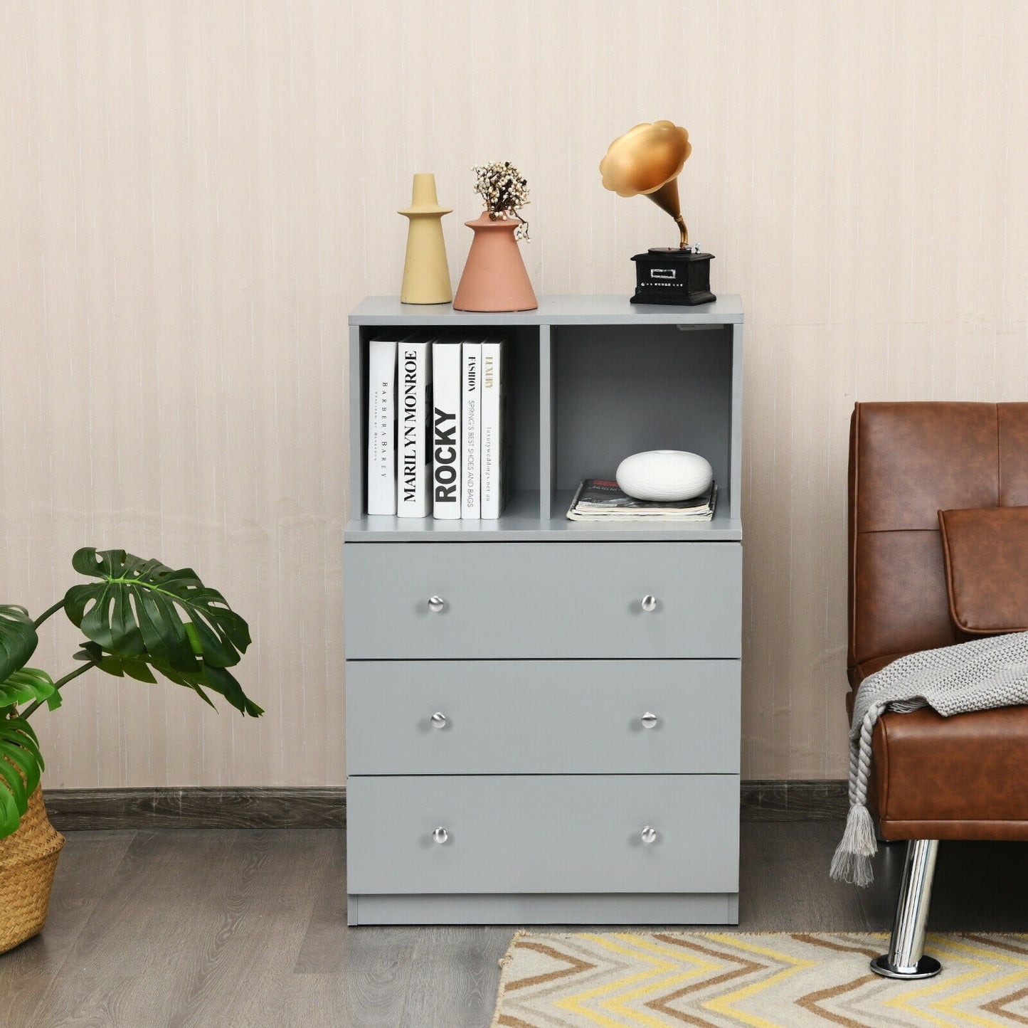 Modern 3 Drawer Storage Dresser with Open Cubbies for Bedroom or Living Room Grey