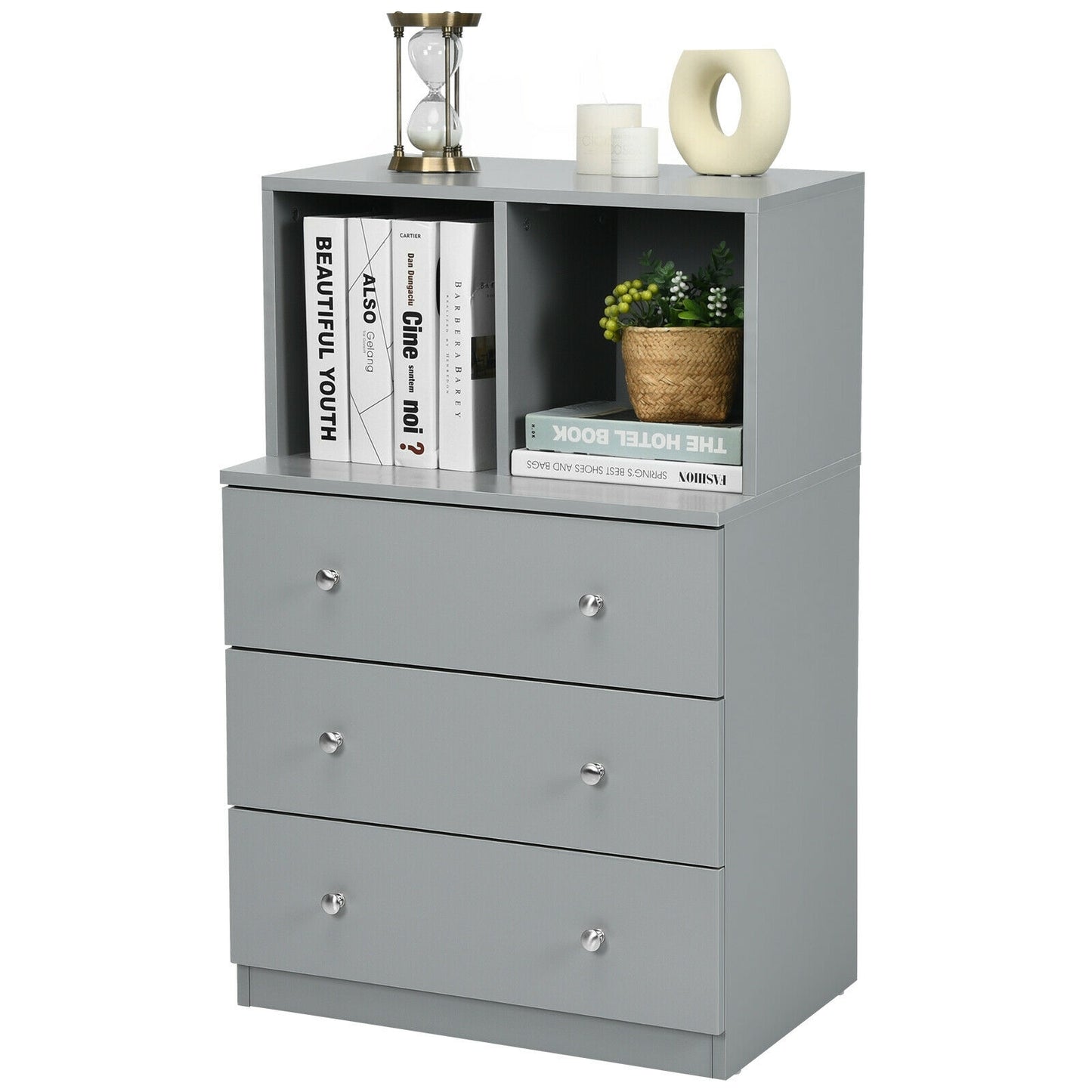 Modern 3 Drawer Storage Dresser with Open Cubbies for Bedroom or Living Room Grey