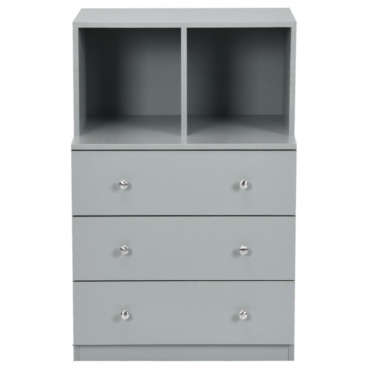 Modern 3 Drawer Storage Dresser with Open Cubbies for Bedroom or Living Room Grey