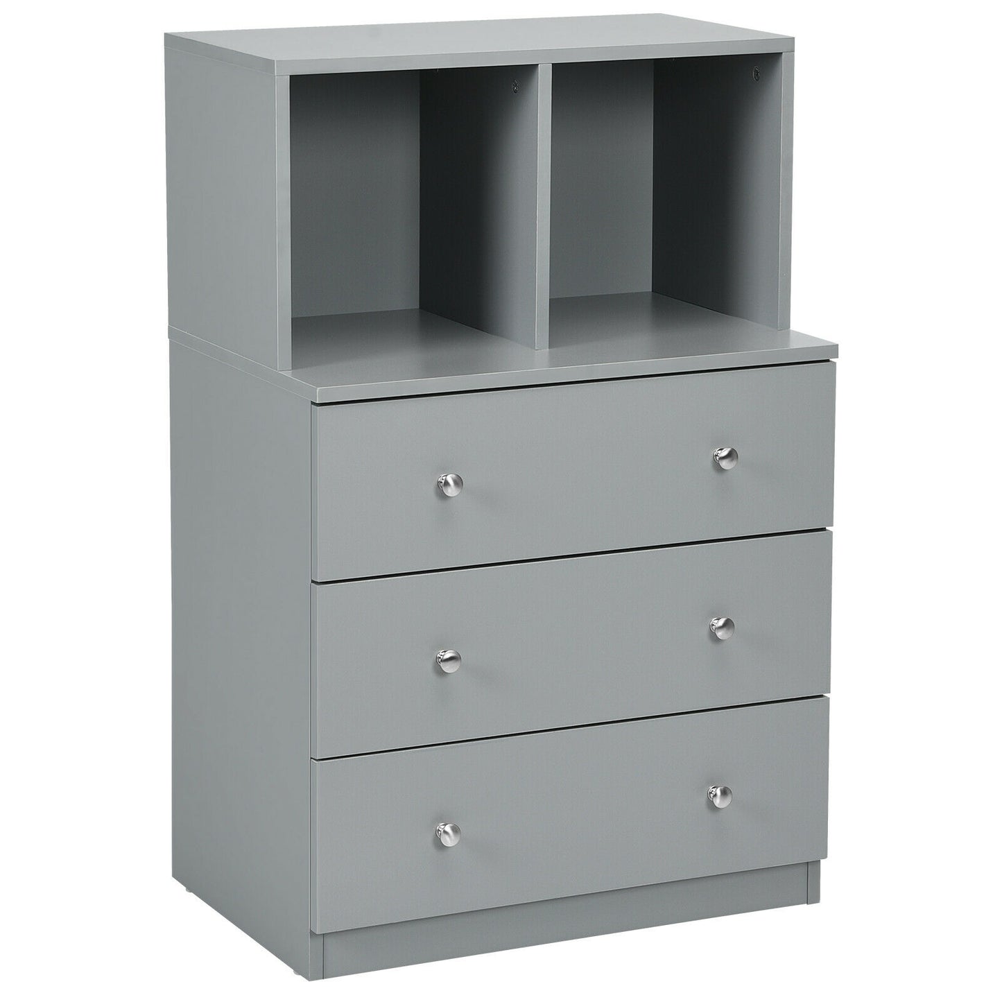 Modern 3 Drawer Storage Dresser with Open Cubbies for Bedroom or Living Room Grey