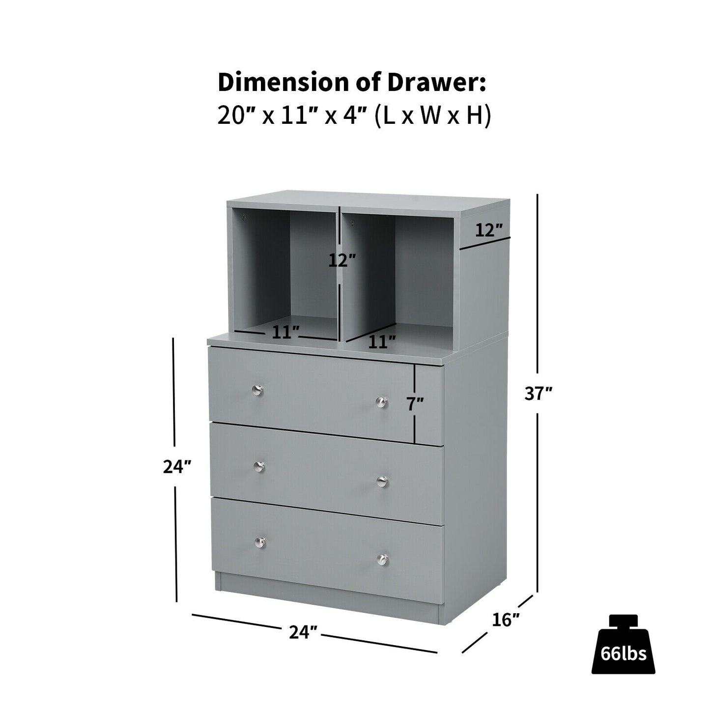 Modern 3 Drawer Storage Dresser with Open Cubbies for Bedroom or Living Room Grey