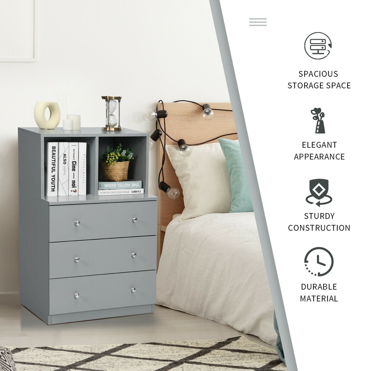 Modern 3 Drawer Storage Dresser with Open Cubbies for Bedroom or Living Room Grey