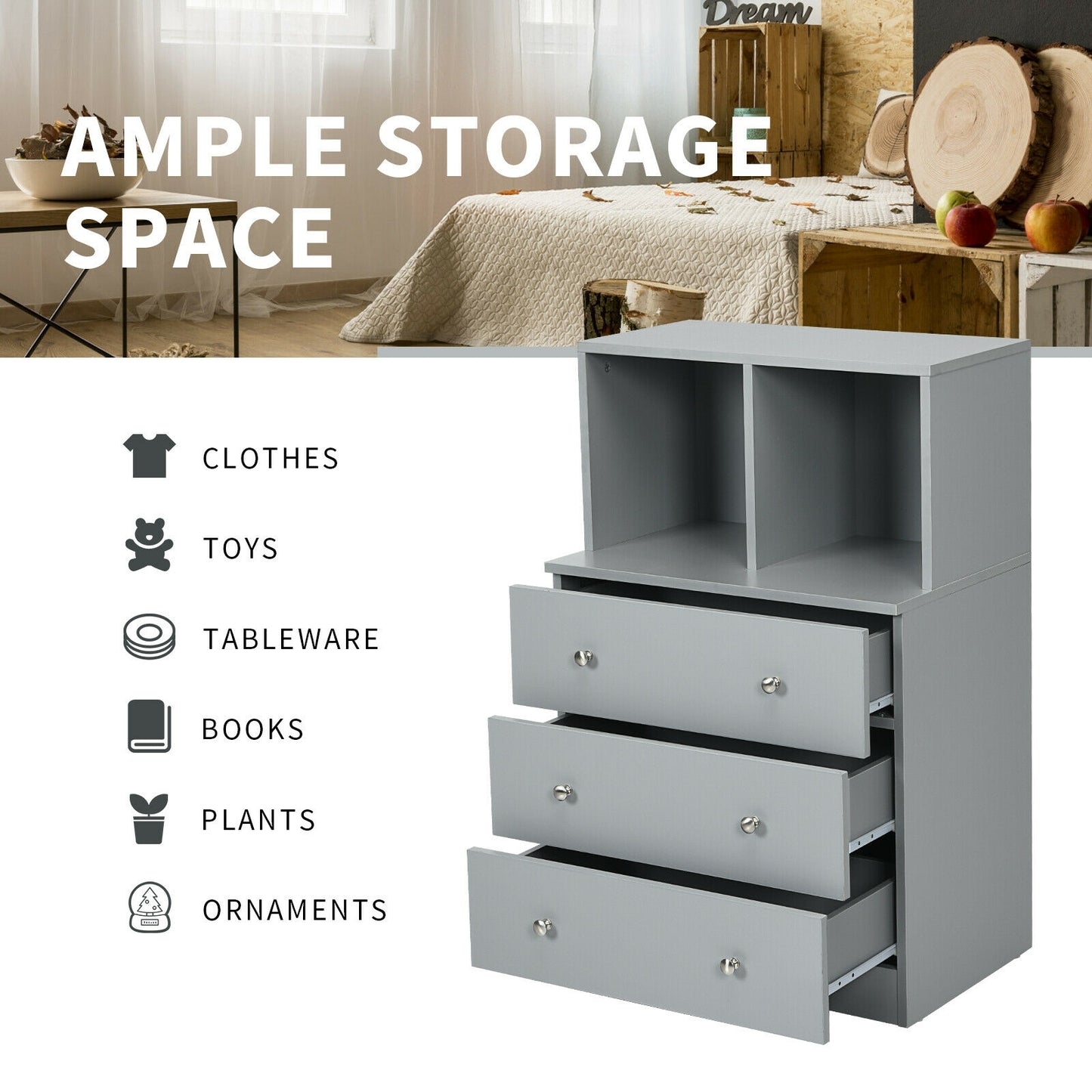 Modern 3 Drawer Storage Dresser with Open Cubbies for Bedroom or Living Room Grey