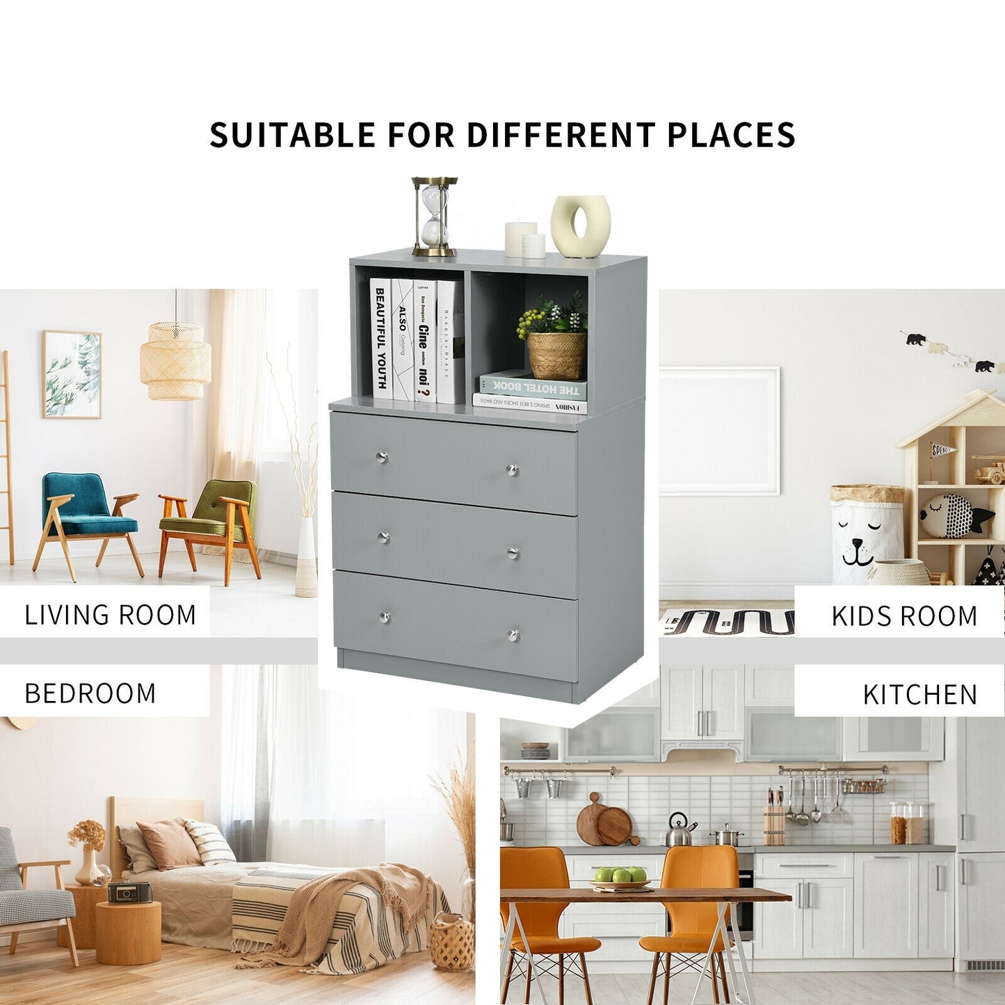 Modern 3 Drawer Storage Dresser with Open Cubbies for Bedroom or Living Room Grey