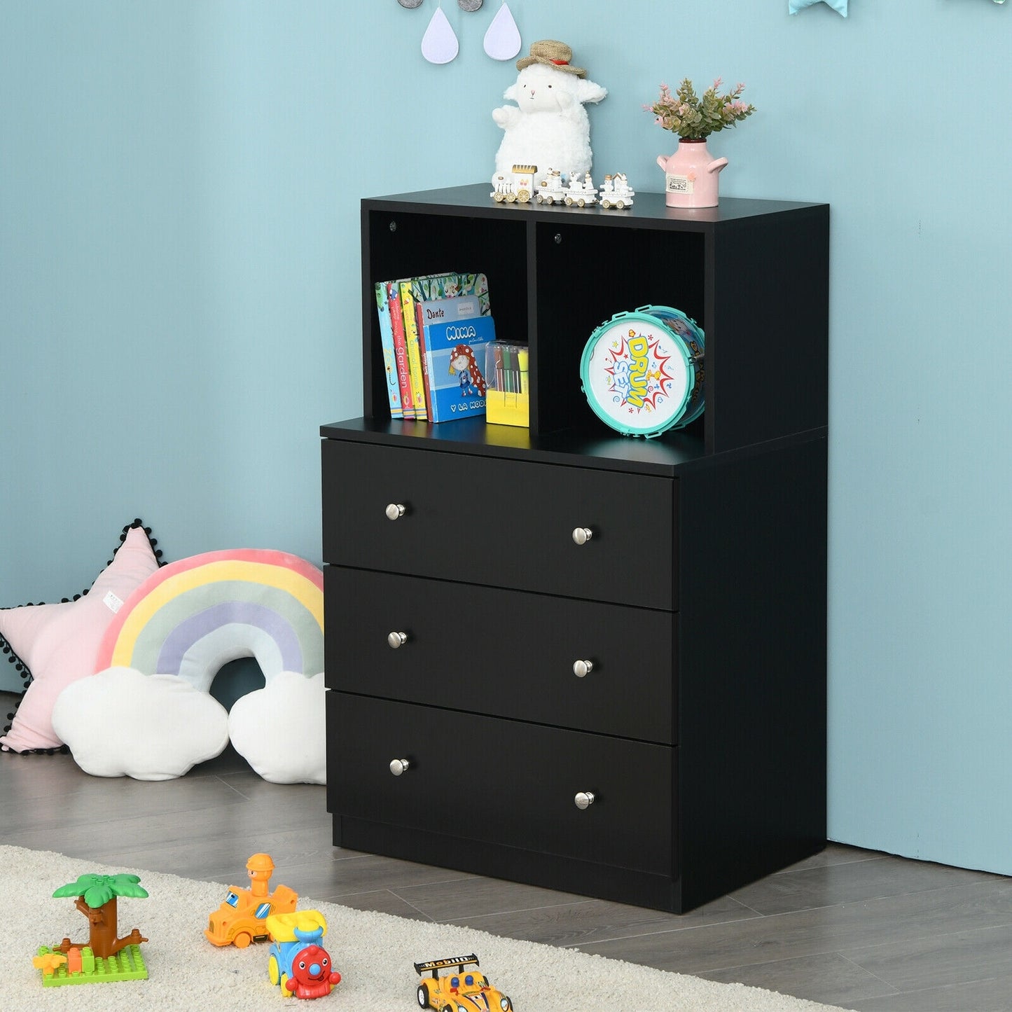 Modern 3 Drawer Storage Dresser with Open Cubbies for Bedroom or Living Room Black