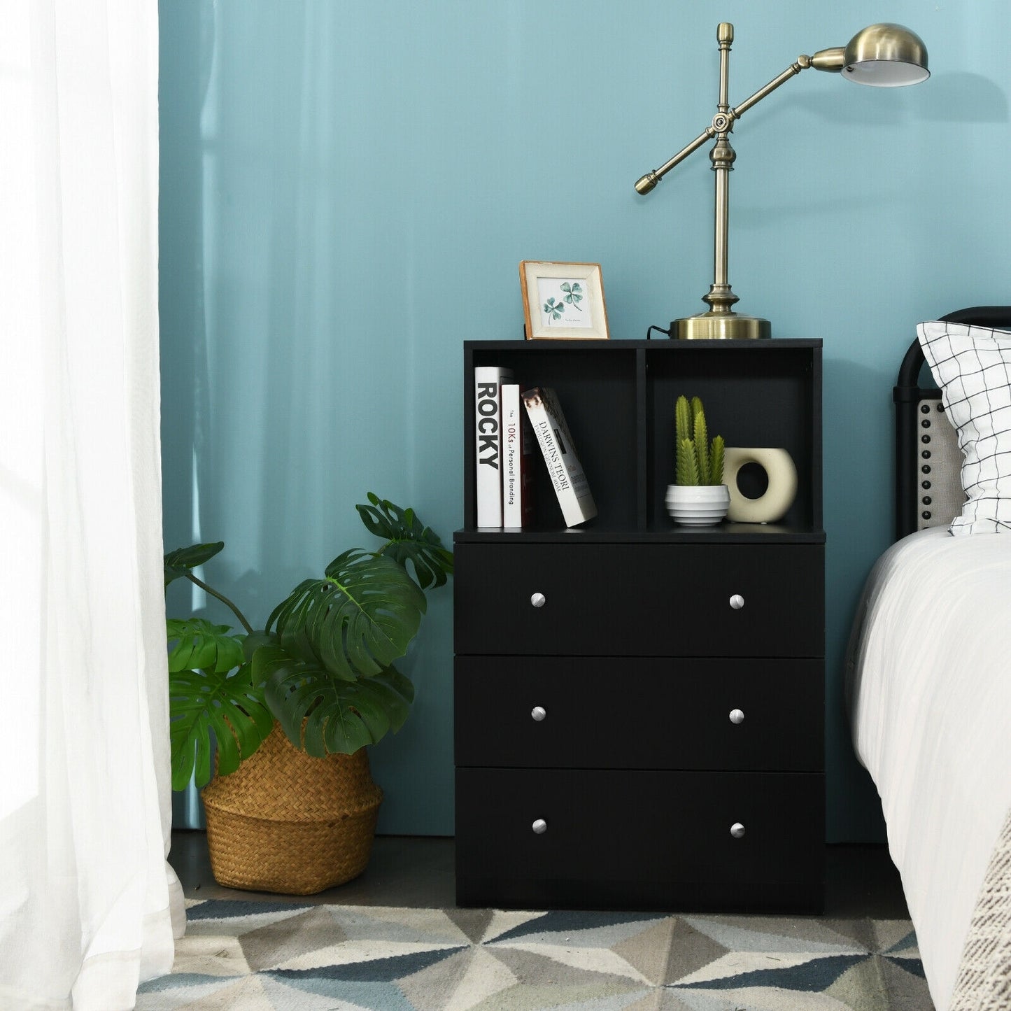 Modern 3 Drawer Storage Dresser with Open Cubbies for Bedroom or Living Room Black