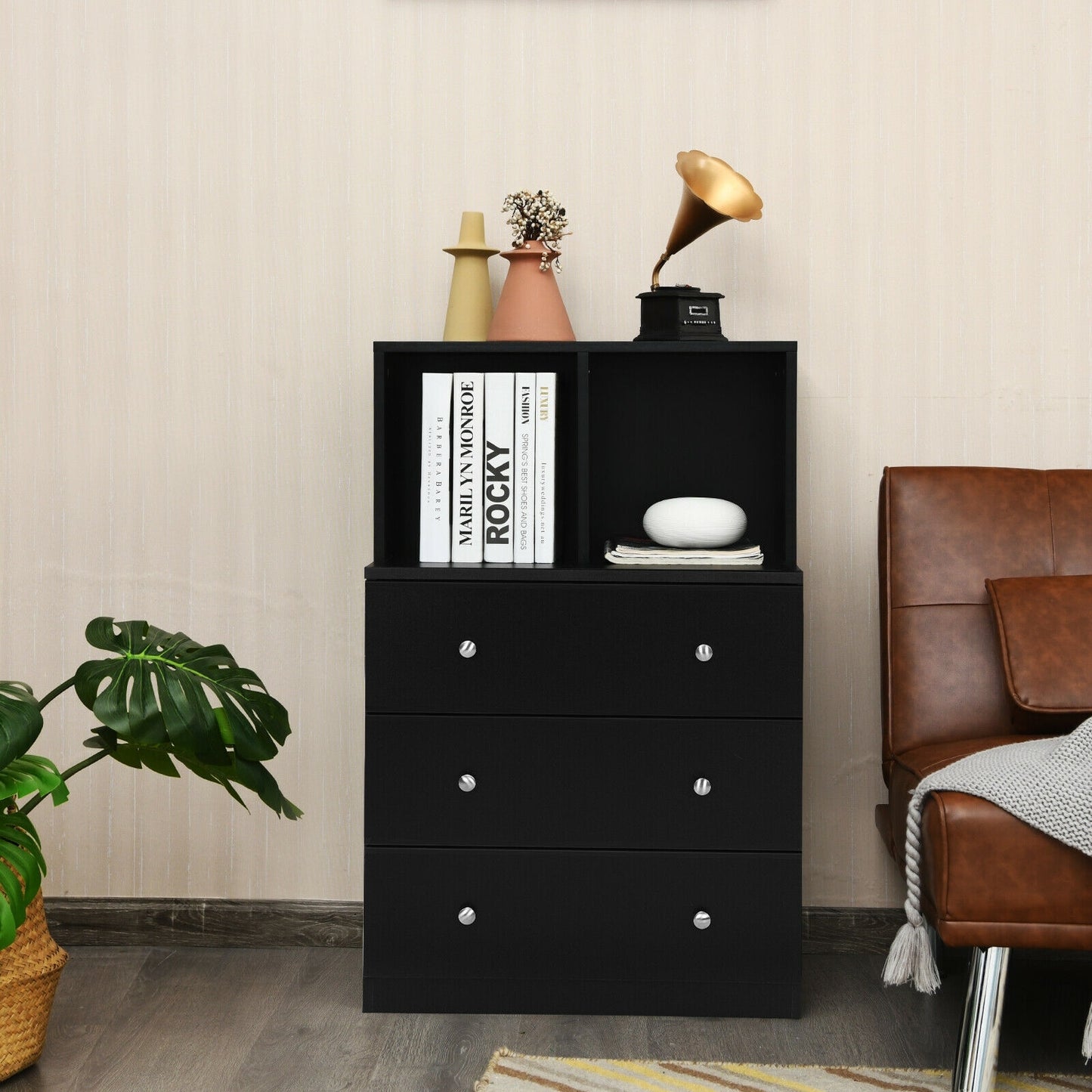 Modern 3 Drawer Storage Dresser with Open Cubbies for Bedroom or Living Room Black