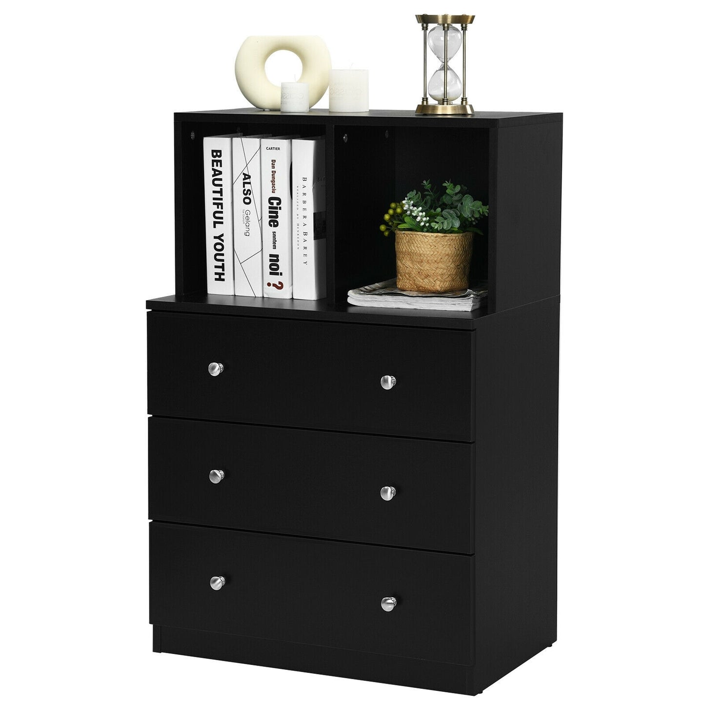 Modern 3 Drawer Storage Dresser with Open Cubbies for Bedroom or Living Room Black