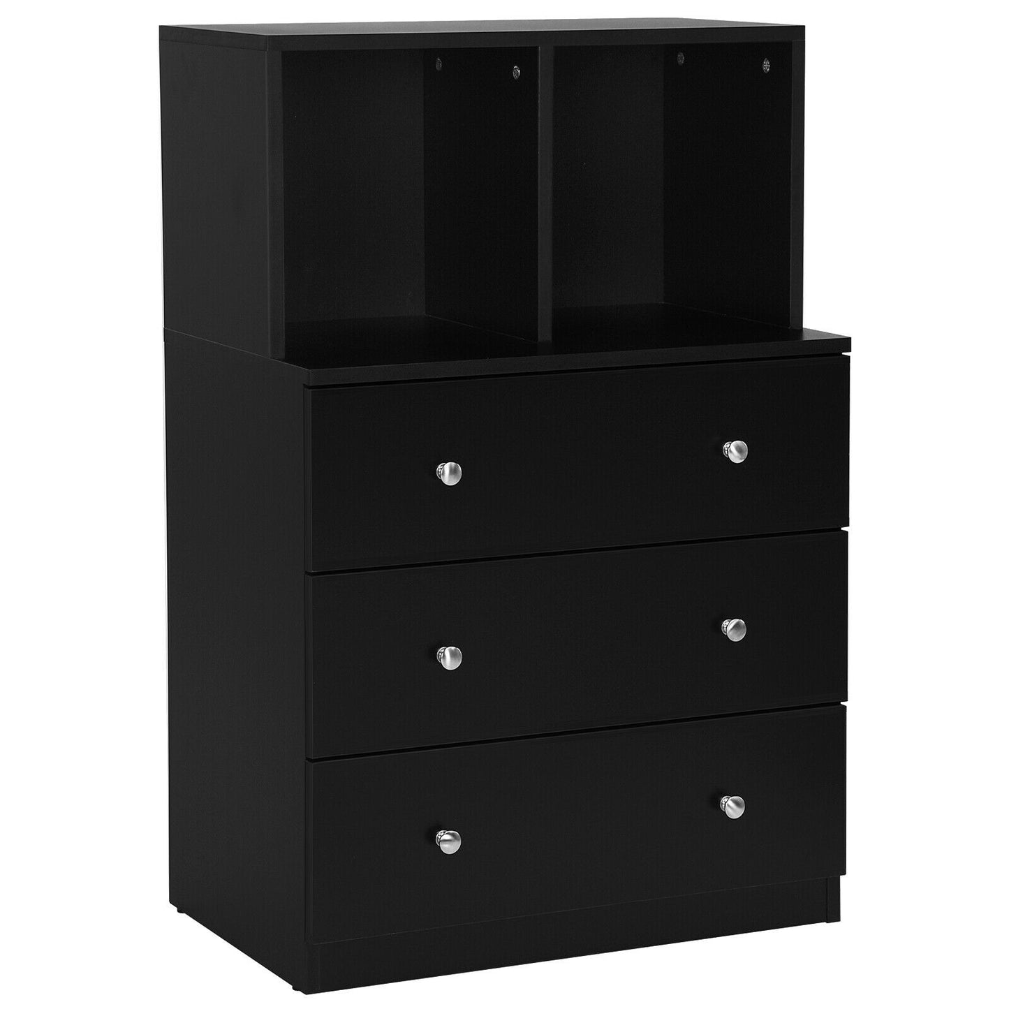 Modern 3 Drawer Storage Dresser with Open Cubbies for Bedroom or Living Room Black