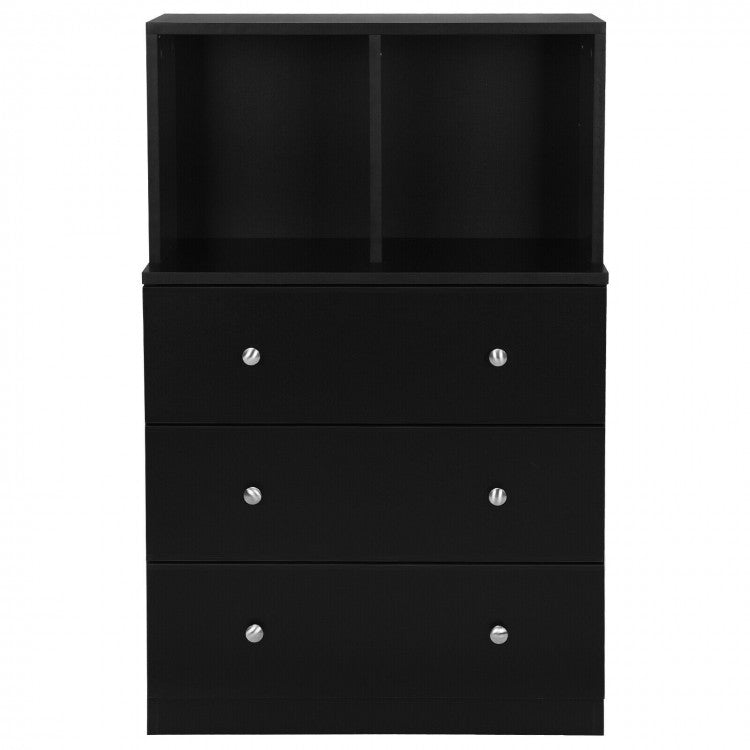 Modern 3 Drawer Storage Dresser with Open Cubbies for Bedroom or Living Room Black