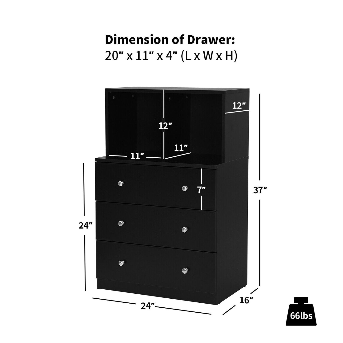 Modern 3 Drawer Storage Dresser with Open Cubbies for Bedroom or Living Room Black